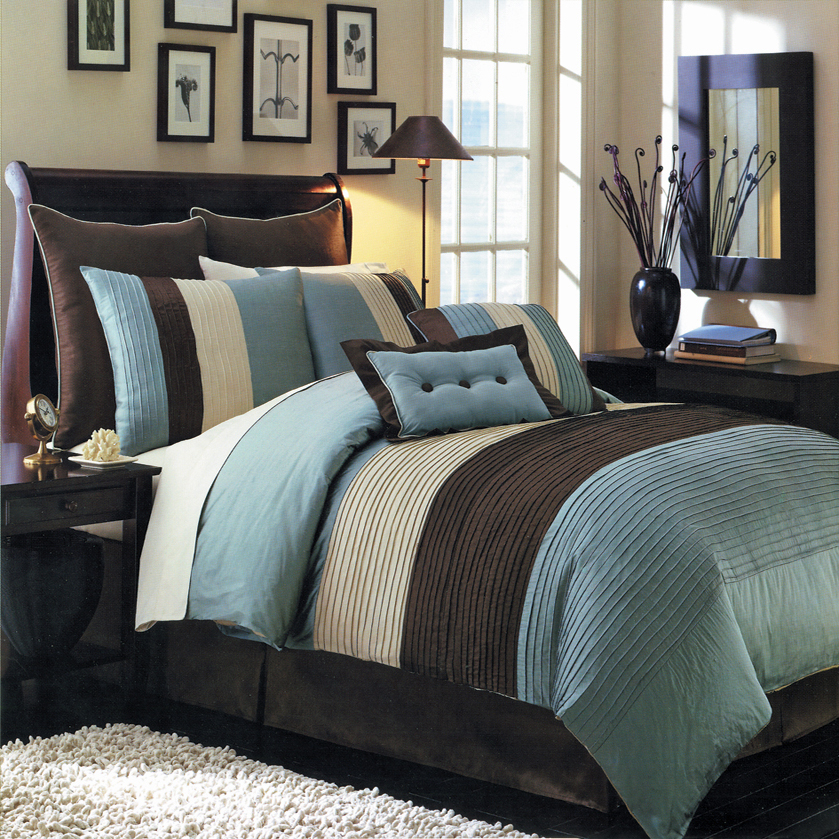 ... Luxury Stripe Bedding Green and Brown Queen Size 8 Piece Comforter Set
