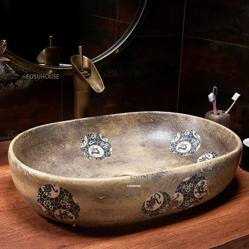 Lavabo de escenario creativo Vintage marroquí para muebles de baño, lavabo artístico de cerámica, lavabo para el hogar, lavabos de un solo lado