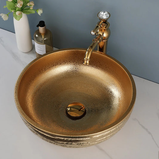 KEMAIDI Big Gold Vessel Sinks Bowl Mixer Gold Faucet Set Luxury 15.7"  Round Ceramic Basin Sink Vanity Top Sink for Bathroom Bar