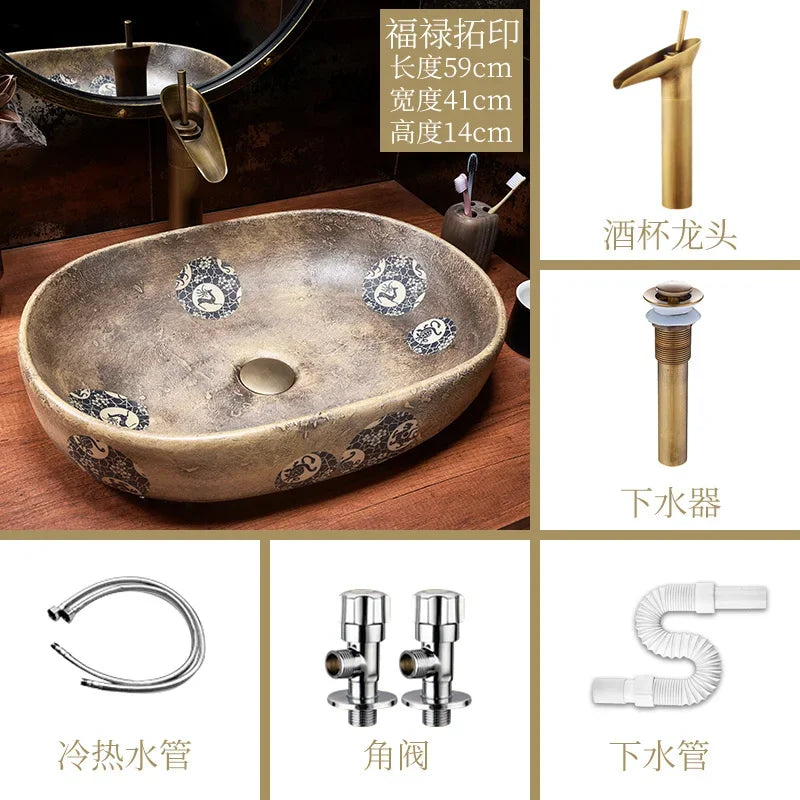 Lavabo de escenario creativo Vintage marroquí para muebles de baño, lavabo artístico de cerámica, lavabo para el hogar, lavabos de un solo lado