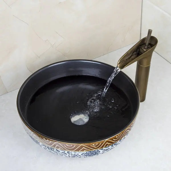 OUBONI-Juego de lavabo de cerámica para baño, cascada, estilo Vintage, lavabo con estampado de flores dibujadas a mano, grifo de latón antiguo