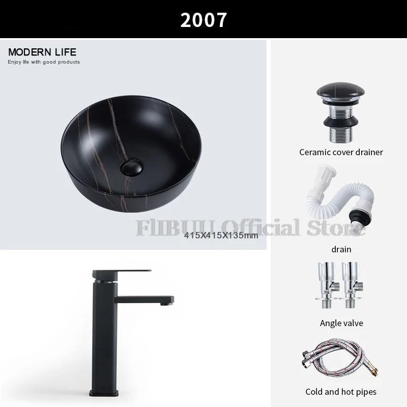 Ceramic Bathroom Vessel Sink Bowl Above Counter Single Sink Bowl Lavatory Wash Hand Basin Countertop Wash Basin Porcelain Retro