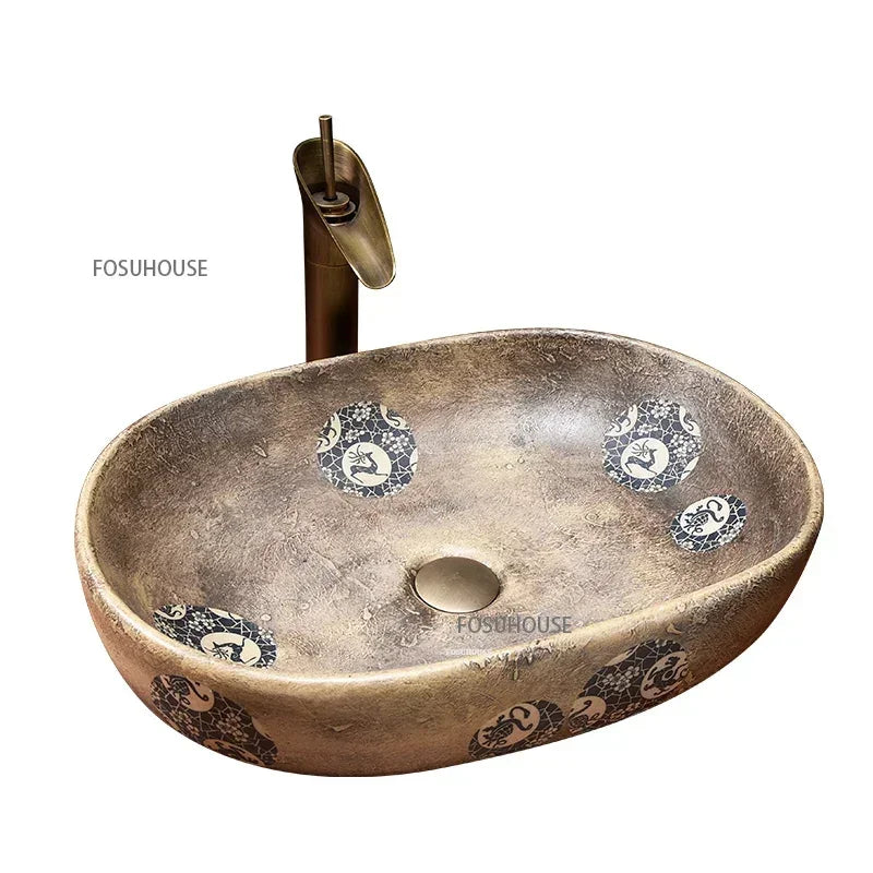 Lavabo de escenario creativo Vintage marroquí para muebles de baño, lavabo artístico de cerámica, lavabo para el hogar, lavabos de un solo lado