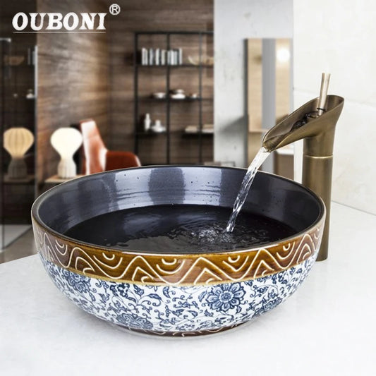 OUBONI-Juego de lavabo de cerámica para baño, cascada, estilo Vintage, lavabo con estampado de flores dibujadas a mano, grifo de latón antiguo