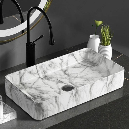 Premium Stone Veins Ceramic Above Counter Bathroom Washbasin Durable Bathroom Vanity Sink Stone Pattern Basin Bowl Home Hotel